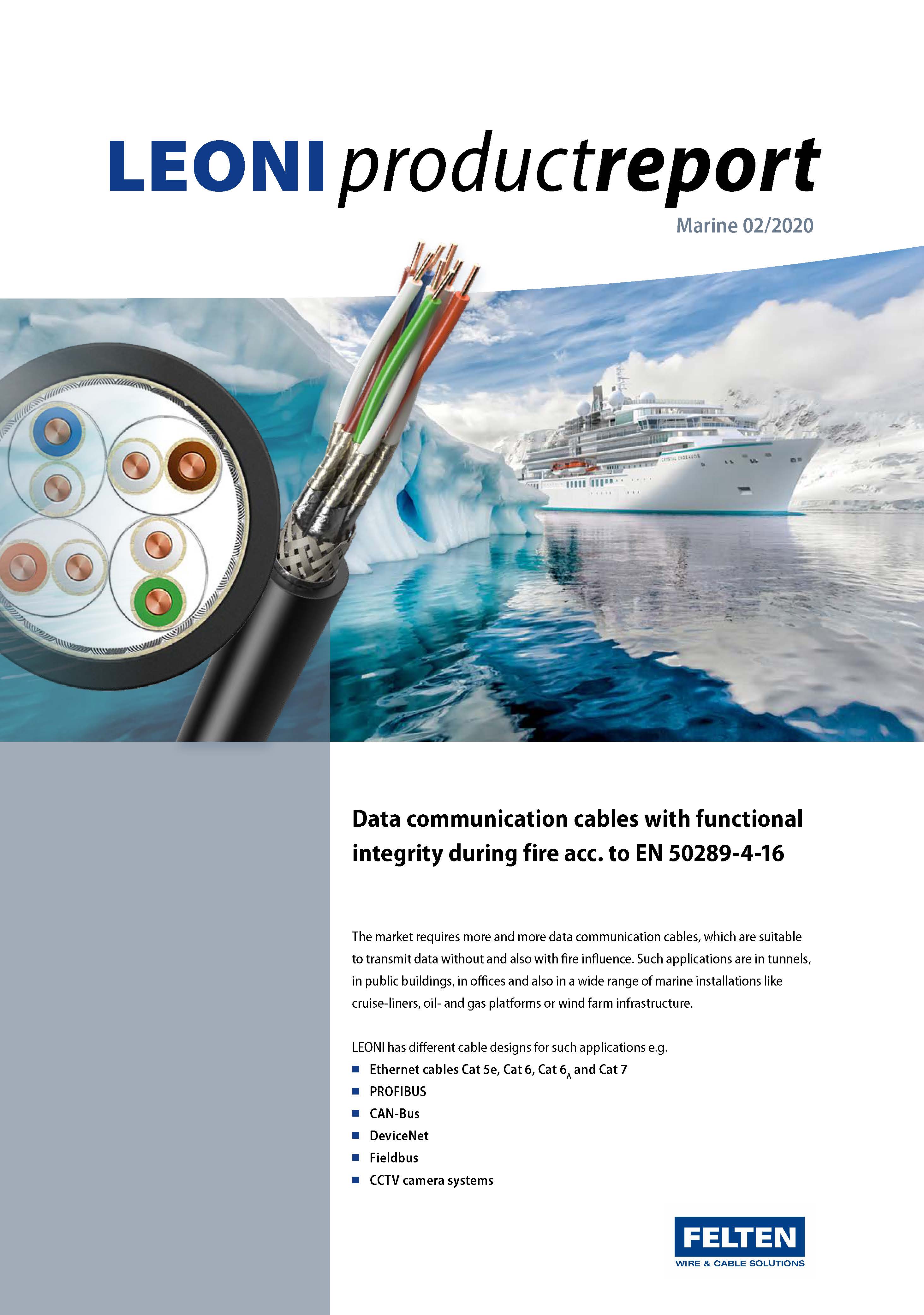 Felten Leoni former Productreport with Marine data communication cables with functional integrity during fire
